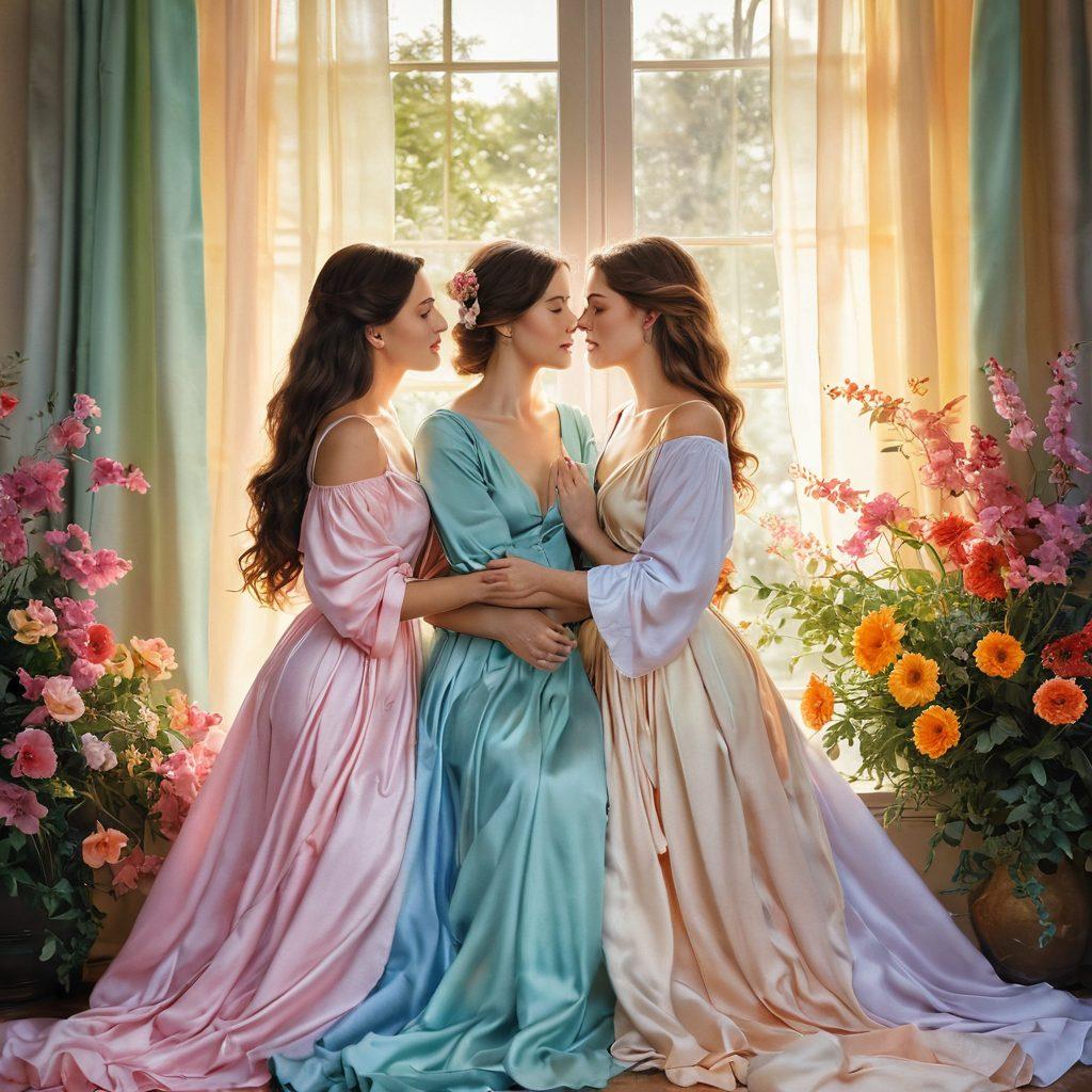 A captivating scene depicting two women in a beautifully intimate moment, surrounded by lush, vibrant flowers that symbolize love and connection. The background features soft, flowing curtains that create an ethereal atmosphere. Their expressions convey deep affection and trust, with the play of light reflecting through a rainbow prism. Incorporate elements of art, such as paintbrushes and canvases, in a subtle way to evoke creativity. soft focus, pastel colors, intimate and warm ambience.