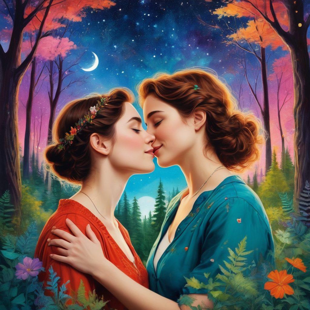 A whimsical collage featuring iconic scenes from various lesbian love stories, interwoven with elements of fantasy like enchanted forests and starry skies. Include diverse characters sharing intimate moments such as laughter, secret whispers, and gentle touches, embodying connection and warmth. Use vibrant colors to reflect the emotions and bring the stories to life with a dreamlike quality. Illustration should have a painterly style with soft brush strokes and magical details. painting. vibrant colors. whimsical.