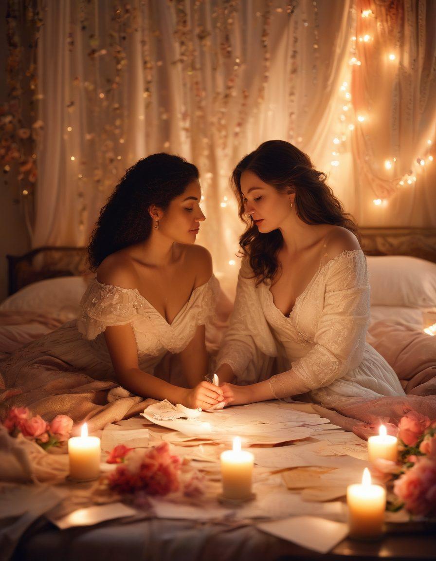 A warm and intimate scene depicting two women in a softly lit room, sharing a passionate moment, surrounded by scattered love letters and soft fabrics. Their expressions convey tenderness and desire, with a backdrop of romantic decor featuring candles and blooming flowers. Soft focus, inviting tones, capturing both emotion and sensuality. super-realistic. warm colors. intimate lighting.